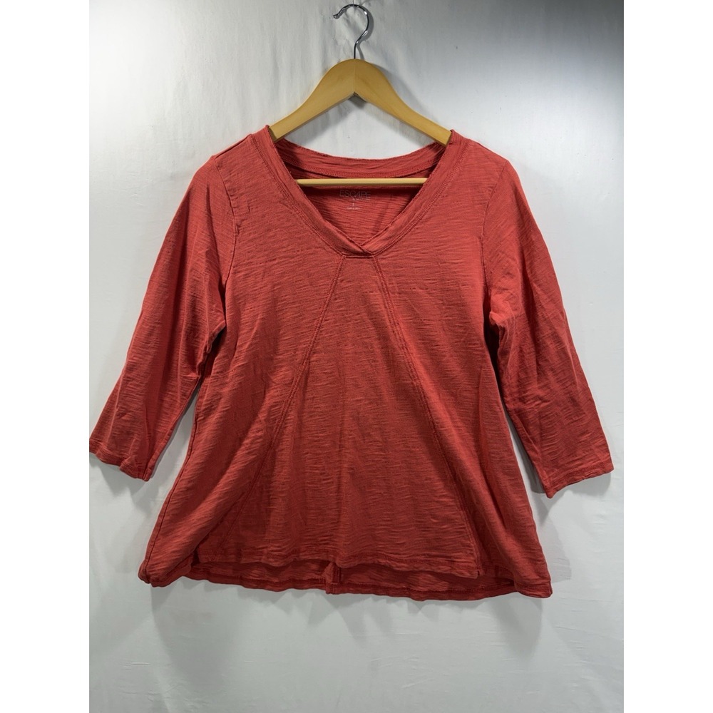 Escape By Habitat Slub Knit Cotton V-Neck Tee Sz Small Coral/orange 3/4 Sleeve